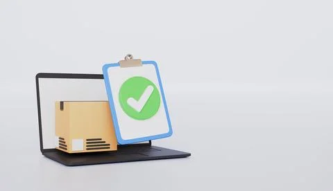 Laptop computer device with checklist and cardboard box or parcel box icon Stock Illustration