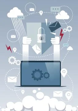 Laptop Computer Device Data Protection Cloud Storage Security Illustrazione stock