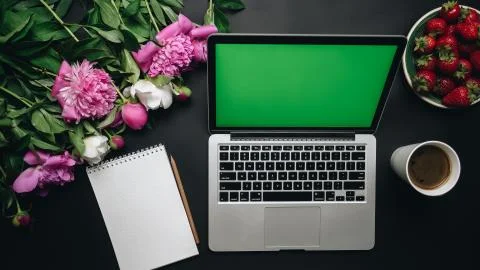 Laptop computer device with green screen, notebook, cup of coffee and beautiful Stock Photos