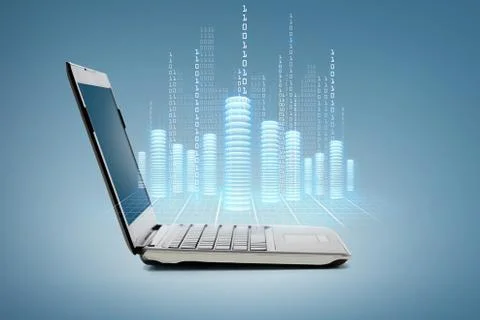 Laptop computer with digital coins and data Stock Illustration