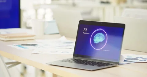 Laptop computer displaying AI assistant interface in modern office workspace. Stock Footage 335851476