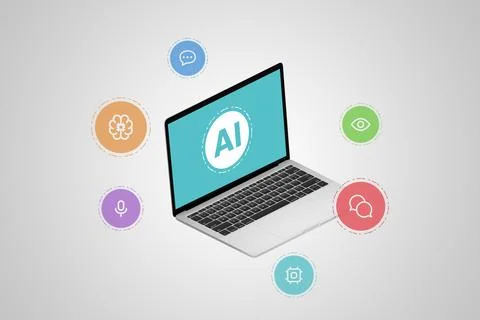 Laptop computer displaying AI. Surrounded by AI service icons, illustrating Stockillustratie