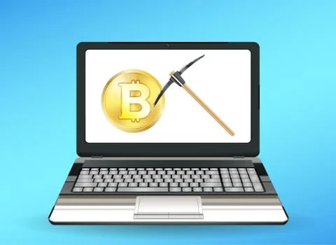Laptop computer displaying bitcoin mining vector concept Stock Illustration