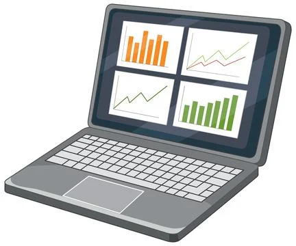Laptop Computer Displaying Business Data Charts and Financial Graphs Stock Illustration