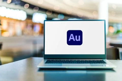 Laptop computer displaying logo of Adobe Audition 스톡 사진
