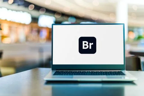 Laptop computer displaying logo of Adobe Bridge 스톡 사진