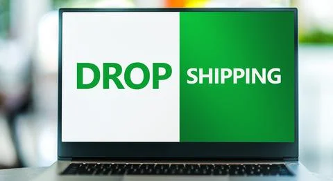 Laptop computer displaying the sign of Drop shipping, a form of popular retai Stock Photos
