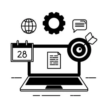 Laptop computer with document and icons Illustrazione stock