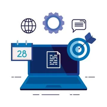Laptop computer with document and icons Illustrazione stock