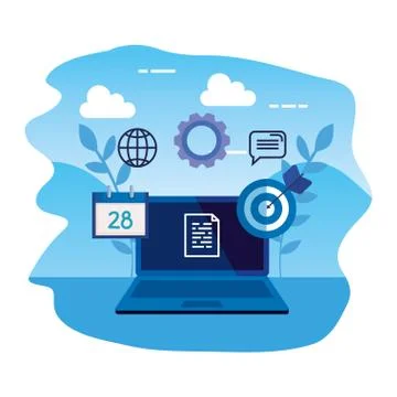 Laptop computer with document and icons Illustrazione stock