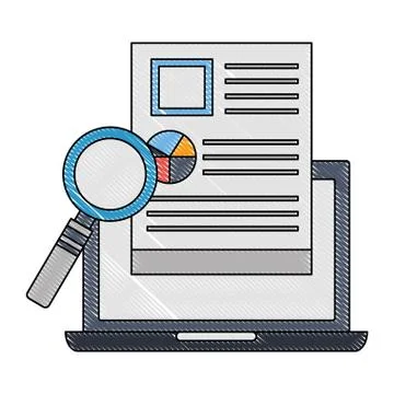 Laptop computer with document and magnifying glass Illustrazione stock