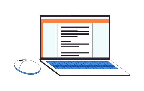 Laptop computer with document and wireless mouse 2D cartoon clip art Illustrazione stock
