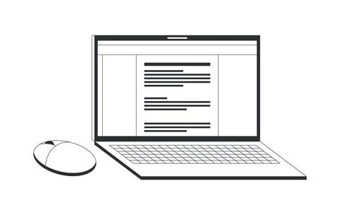 Laptop computer with document and wireless mouse black and white cartoon clip Stock Illustration