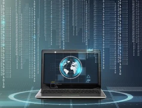 Laptop computer with earth globe on screen Stock Photos