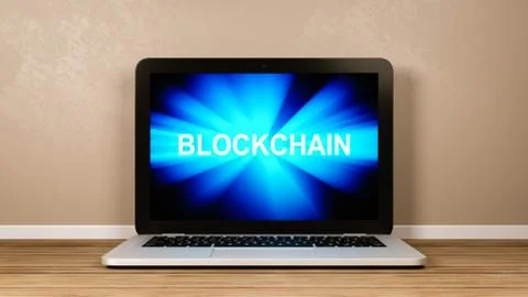 Laptop Computer with Emitting Blue Rays Blockchain Text on the Screen Stock-Illustration
