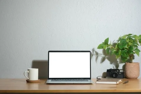 Laptop computer with empty screen, coffee cup, houseplant and camera on woo.. Stock Photos
