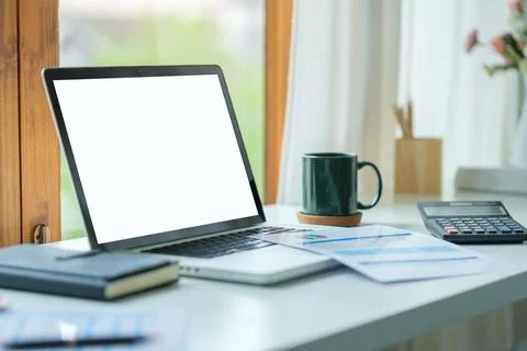 Laptop computer with empty screen, stationery and potted plant on white tab.. Stock Photos