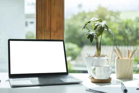 Laptop computer with empty screen, stationery and potted plant on white tab.. Stock Photos