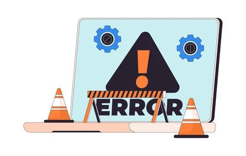 Laptop computer error warning with construction barrier 2D cartoon clip art Stock Illustration