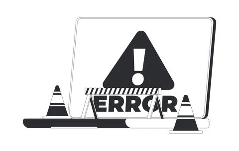 Laptop computer error warning with construction barrier black and white clipa Stock Illustration