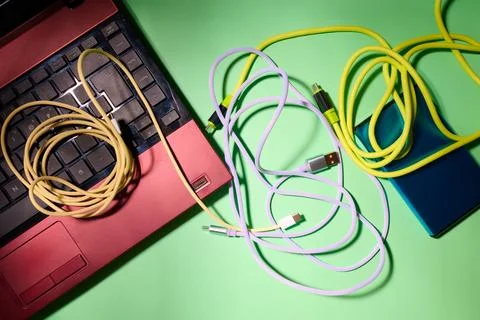 Laptop computer, external hard drive and charging and data transmission cab.. Фото