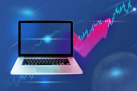 Laptop computer with financial graphs and statistics on monitor. sales data a Stock Photos