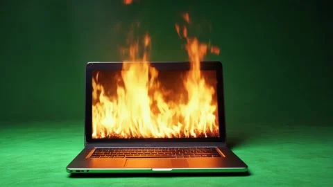 Laptop computer on fire. isolated on green chroma-key. Stock Footage 294957200