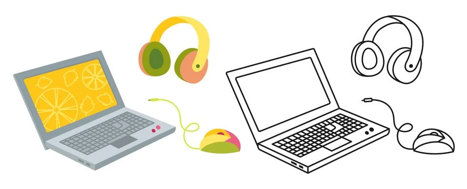 Laptop computer flat cartoon set line icon vector Stock Illustration