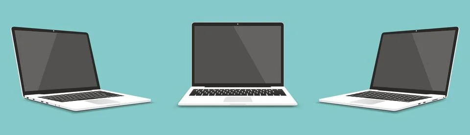 Laptop computer flat design. Perspective and front view with blank screen. Stock Illustration