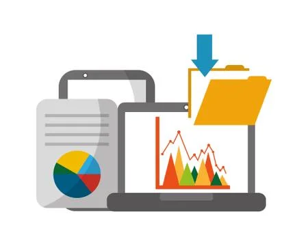 Laptop computer with folder and set icons Stock Illustration