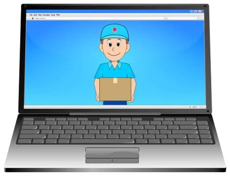Laptop Computer with friendly Courier delivering a parcel - 3D illustration Stock Illustration