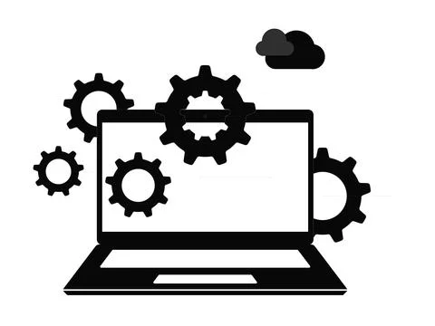 Laptop computer with gears and cloud computing over white background, vecto.. Stock Illustration
