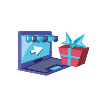 Laptop computer with gift box and parasol Stock Illustration