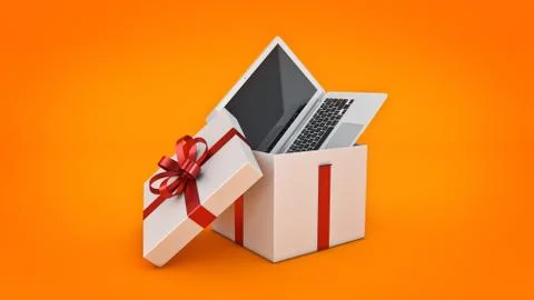 Laptop computer. Gift box concept. Illustrazione stock