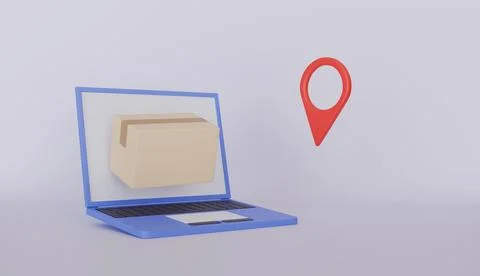 Laptop computer with goods cardboard box fly, delivery route Stock Illustration