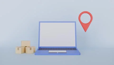 Laptop computer with goods cardboard box fly, express delivery route Stock Illustration