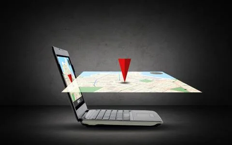 Laptop computer with gps navigator map on screen Stock Photos
