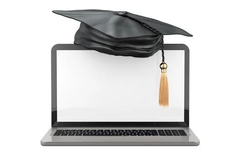 Laptop computer with graduation hat. Online education concept, 3D rendering 스톡 일러스트