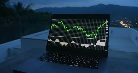 Laptop computer with graph movement sales of value of stocks and Stock Footage 229696769