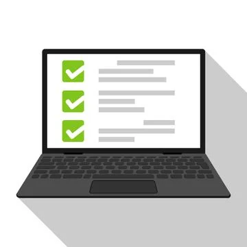 Laptop computer with green checklist and tick marks on screen flat vector Stock Illustration