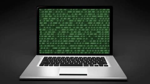 Laptop computer with green Matrix binary code Stock Photos