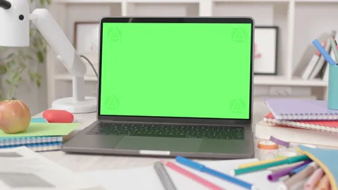 Laptop Computer with Green Screen in Cozy Student Room Interior Video stock 172132578