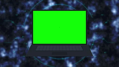 Laptop computer with a green screen display in a motion graphic background Stock Footage 347248272
