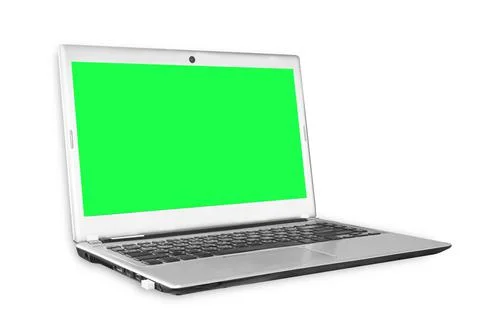 Laptop computer with green screen isolated on white background. Mockup Foto stock