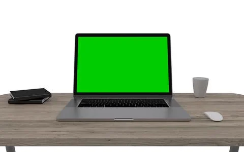 Laptop computer with green screen. White background. Stock Photos