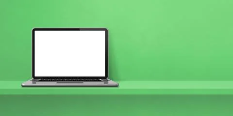 Laptop computer on green shelf background banner Illustrazione stock