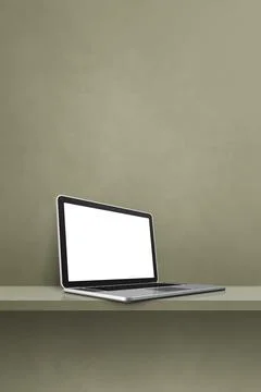 Laptop computer on green shelf. Vertical background Stock Illustration