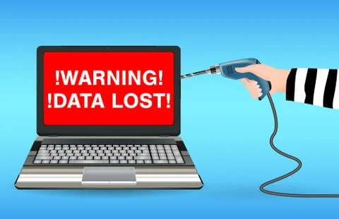 Laptop computer hacked by hacker use electric drill Stockillustratie