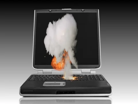 Laptop computer with hardware fault, overheats and cautches fire. Stock-Footage 78214651