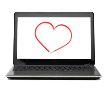 Laptop computer with heart on white screen Stock Photos